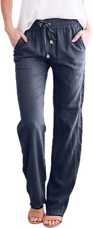 Womens Casual Cotton Linen Pants Lightweight Straight Leg Elastic Drawstring Trousers Summer Loose Fit Lounge Pants