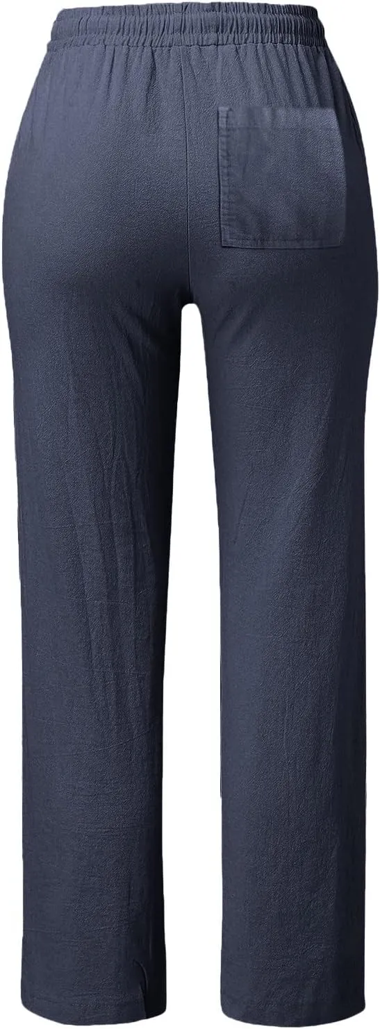 Womens Casual Cotton Linen Pants Lightweight Straight Leg Elastic Drawstring Trousers Summer Loose Fit Lounge Pants