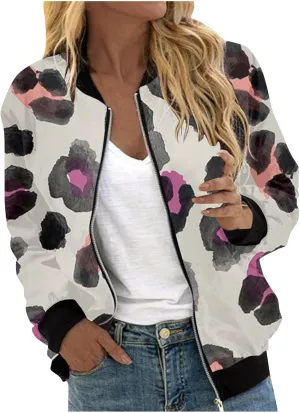 Womens Casual Floral Zip Up Bomber Jacket Coat Stand Collar Fall Spring Lightweight Short Outwear Jackets for Women