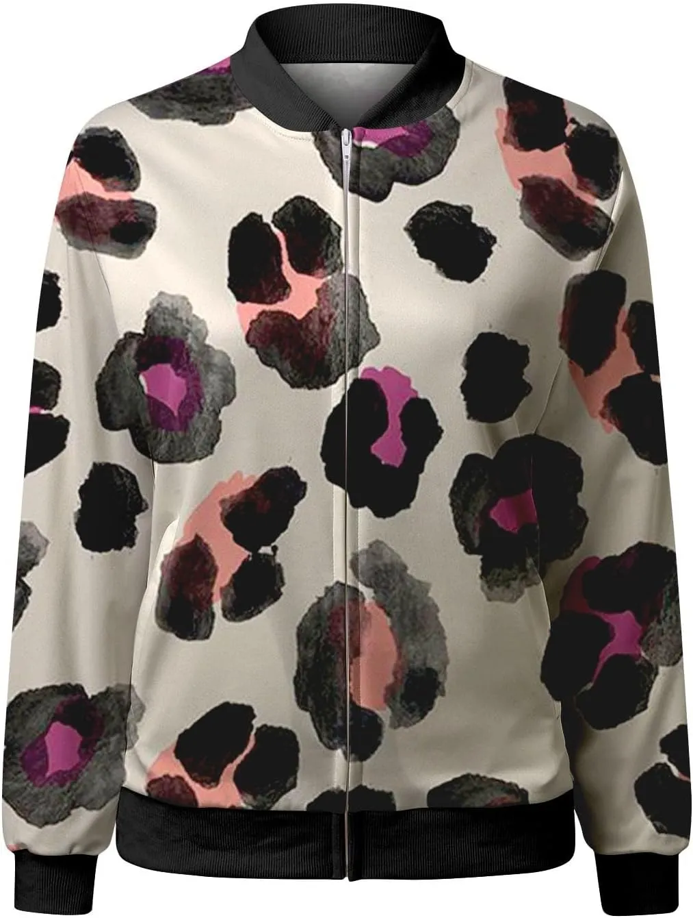 Womens Casual Floral Zip Up Bomber Jacket Coat Stand Collar Fall Spring Lightweight Short Outwear Jackets for Women
