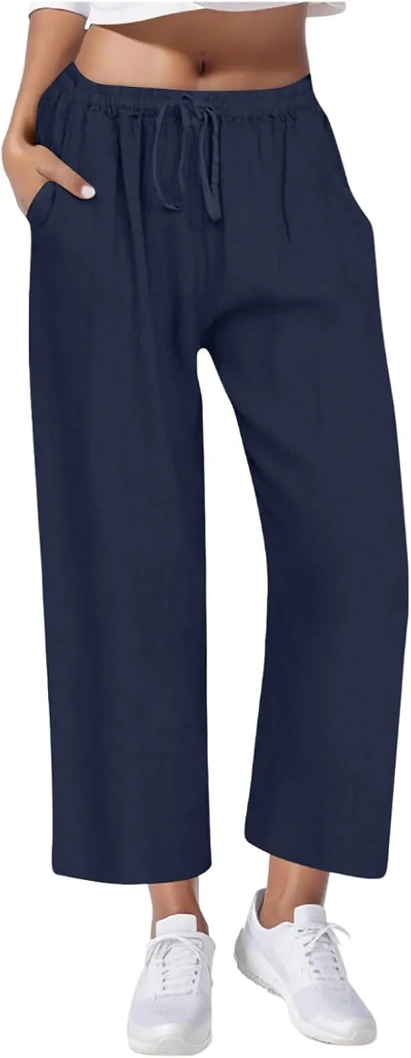 Women's Casual Linen Trousers Solid Color Elastic Waisted High Waist Bandage Home Pants with Pocket 2025 Fashion