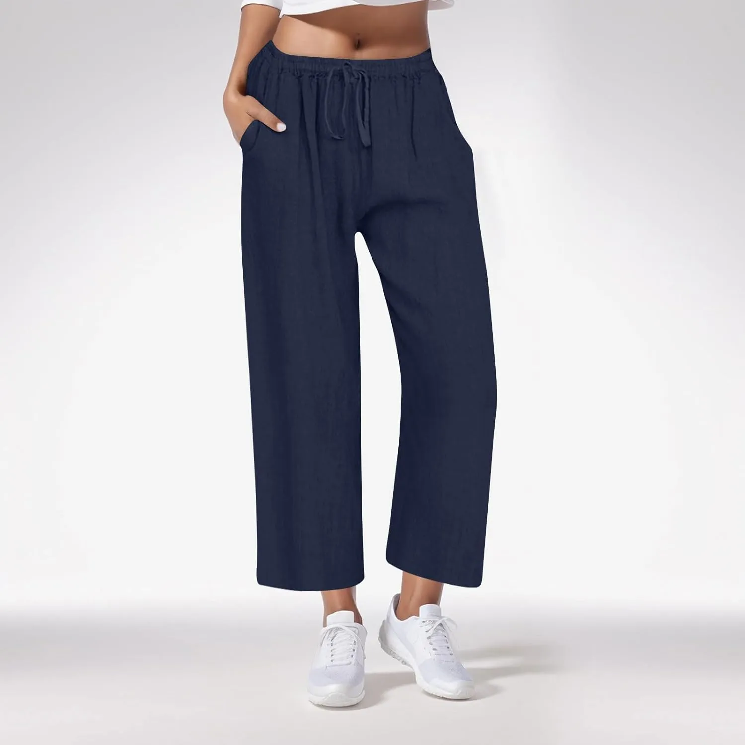 Women's Casual Linen Trousers Solid Color Elastic Waisted High Waist Bandage Home Pants with Pocket 2025 Fashion
