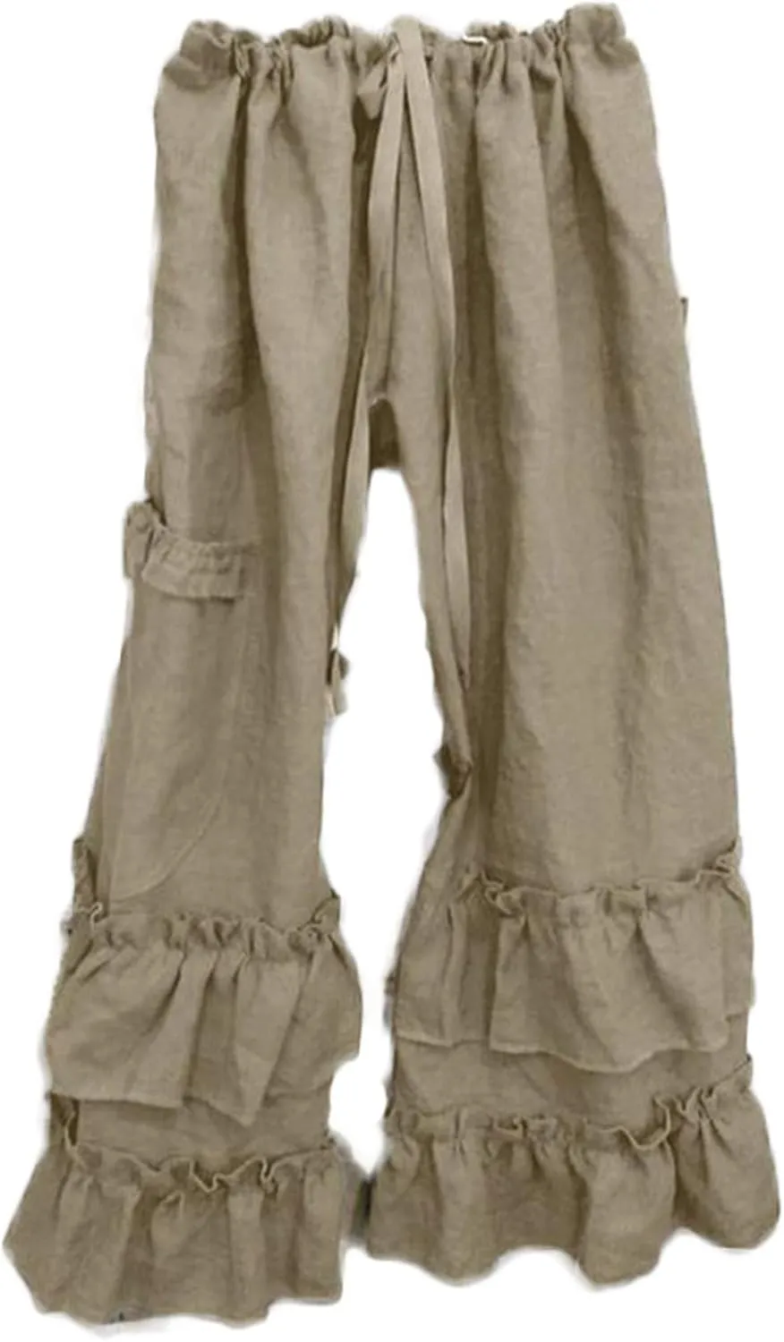 Womens Casual Ruffled Loose Pocket Pants Plus Size Cotton Linen Folds Pants Wide Leg Solid Color Hem Elastic Waisted Trousers (Khaki,Small)
