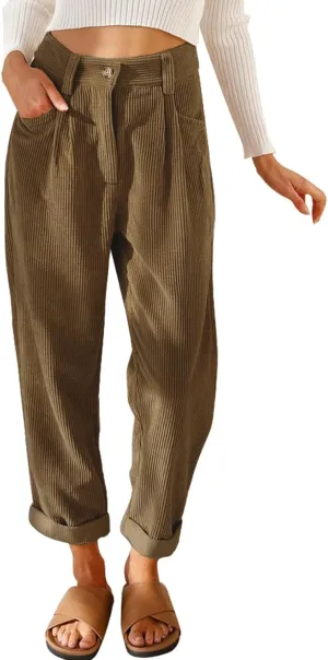 Womens Corduroy Pants Casual High Waisted Straight Leg Vintage Trousers for Women with Pockets