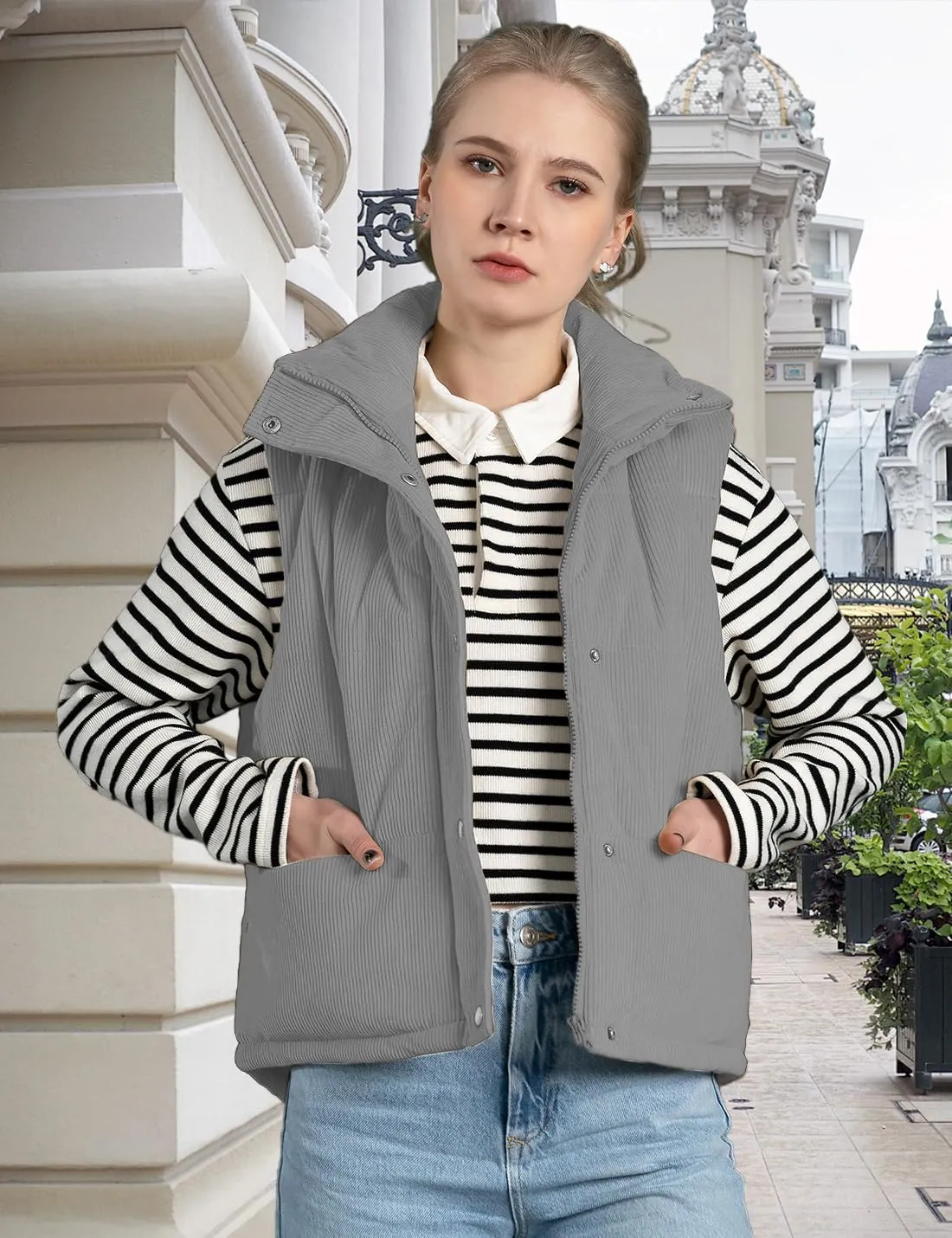 Womens Corduroy Puffer Vest Stand Collar Zip Snap Button Sleeveless Warm Waistcoat Padded Gilet