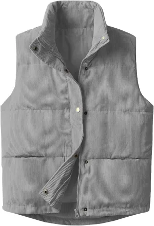 Womens Corduroy Puffer Vest Stand Collar Zip Snap Button Sleeveless Warm Waistcoat Padded Gilet