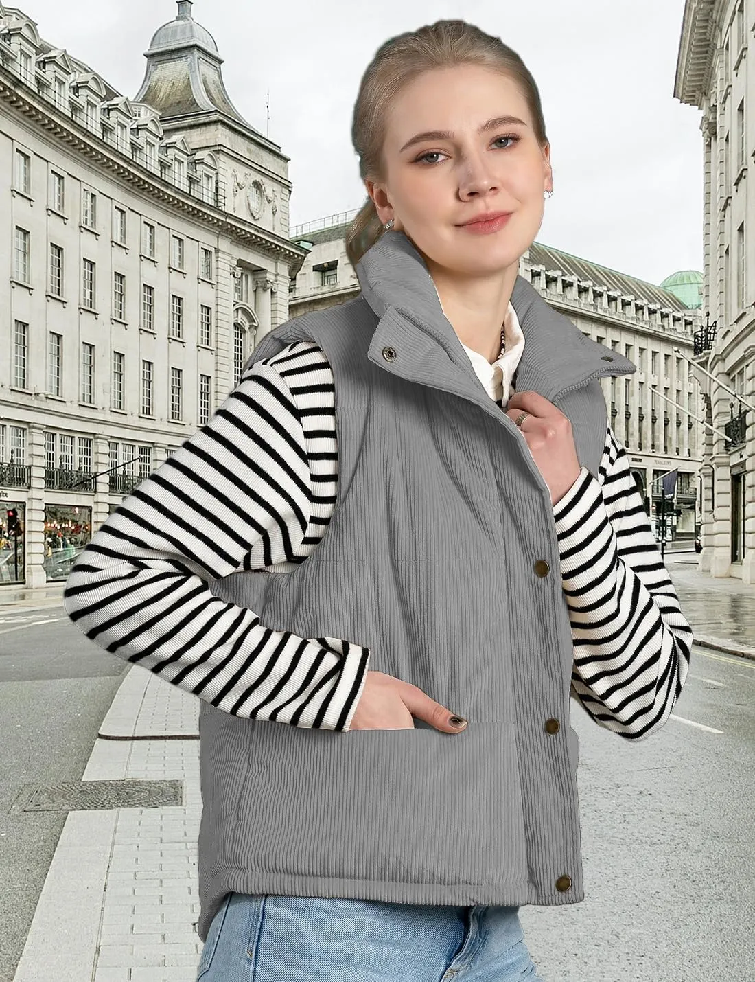 Womens Corduroy Puffer Vest Stand Collar Zip Snap Button Sleeveless Warm Waistcoat Padded Gilet