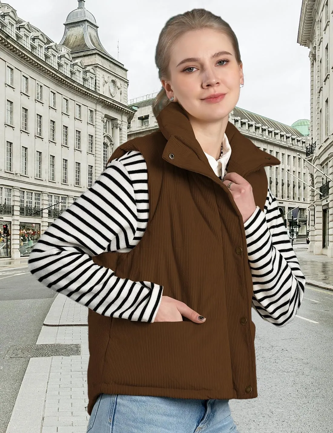 Womens Corduroy Puffer Vest Stand Collar Zip Snap Button Sleeveless Warm Waistcoat Padded Gilet