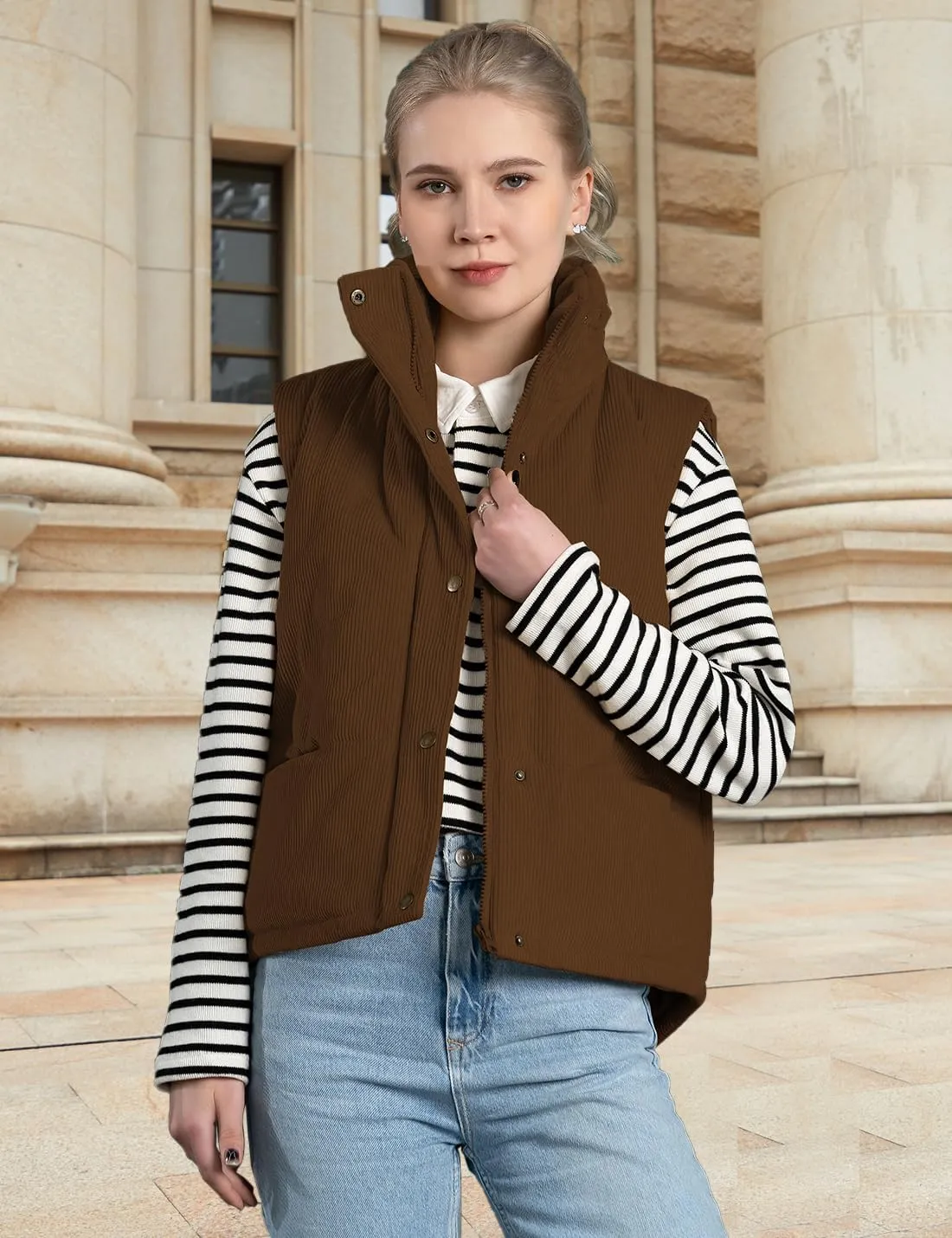 Womens Corduroy Puffer Vest Stand Collar Zip Snap Button Sleeveless Warm Waistcoat Padded Gilet