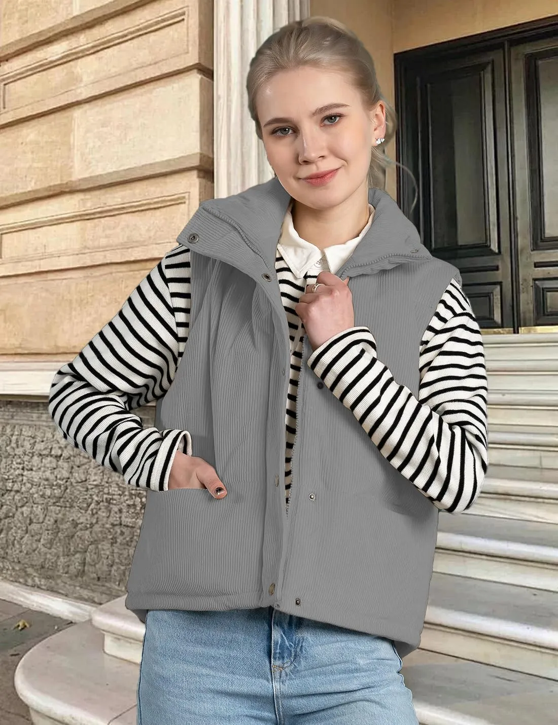 Womens Corduroy Puffer Vest Stand Collar Zip Snap Button Sleeveless Warm Waistcoat Padded Gilet