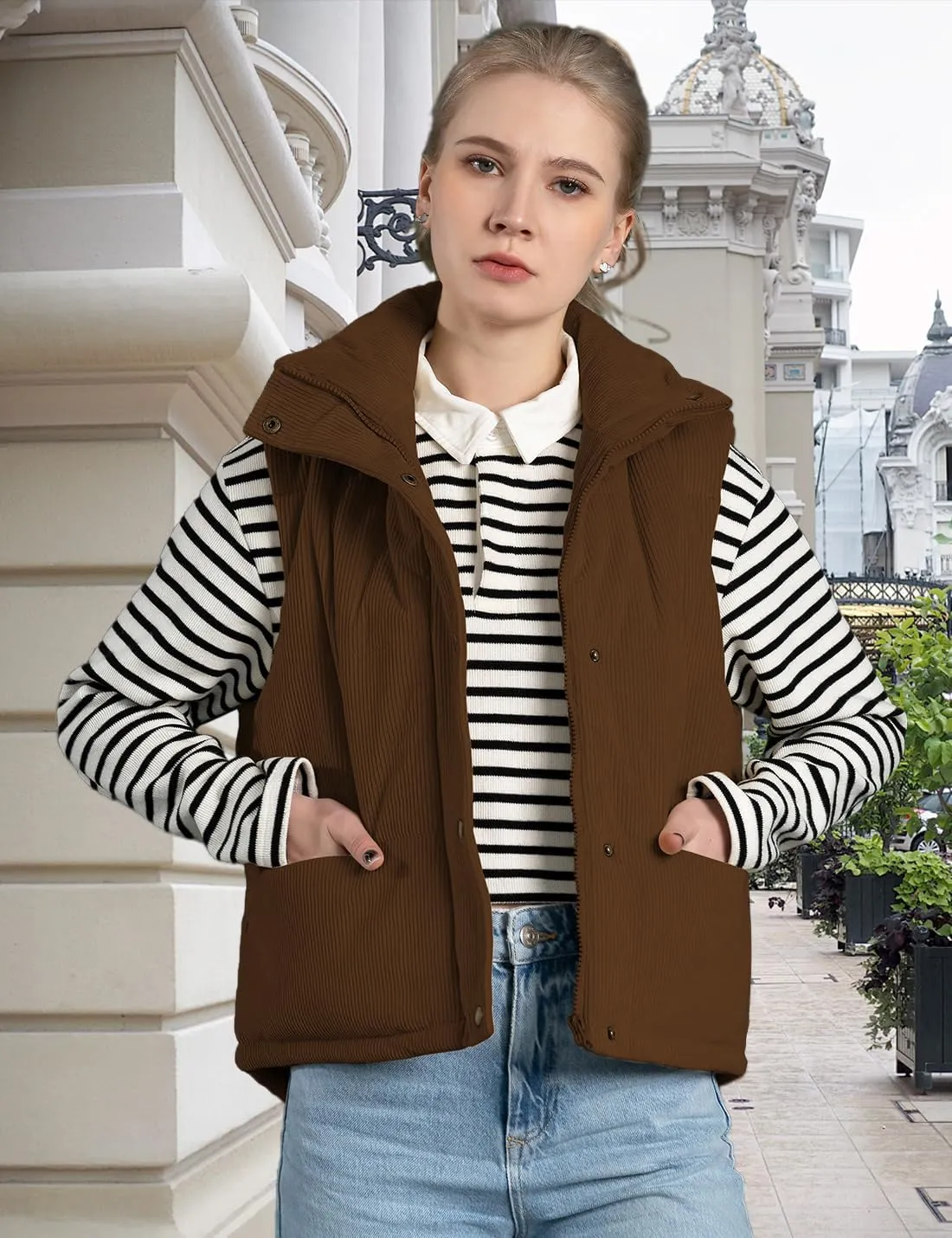 Womens Corduroy Puffer Vest Stand Collar Zip Snap Button Sleeveless Warm Waistcoat Padded Gilet