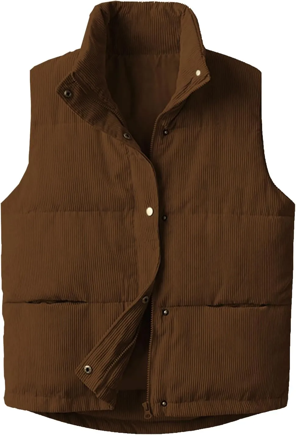 Womens Corduroy Puffer Vest Stand Collar Zip Snap Button Sleeveless Warm Waistcoat Padded Gilet