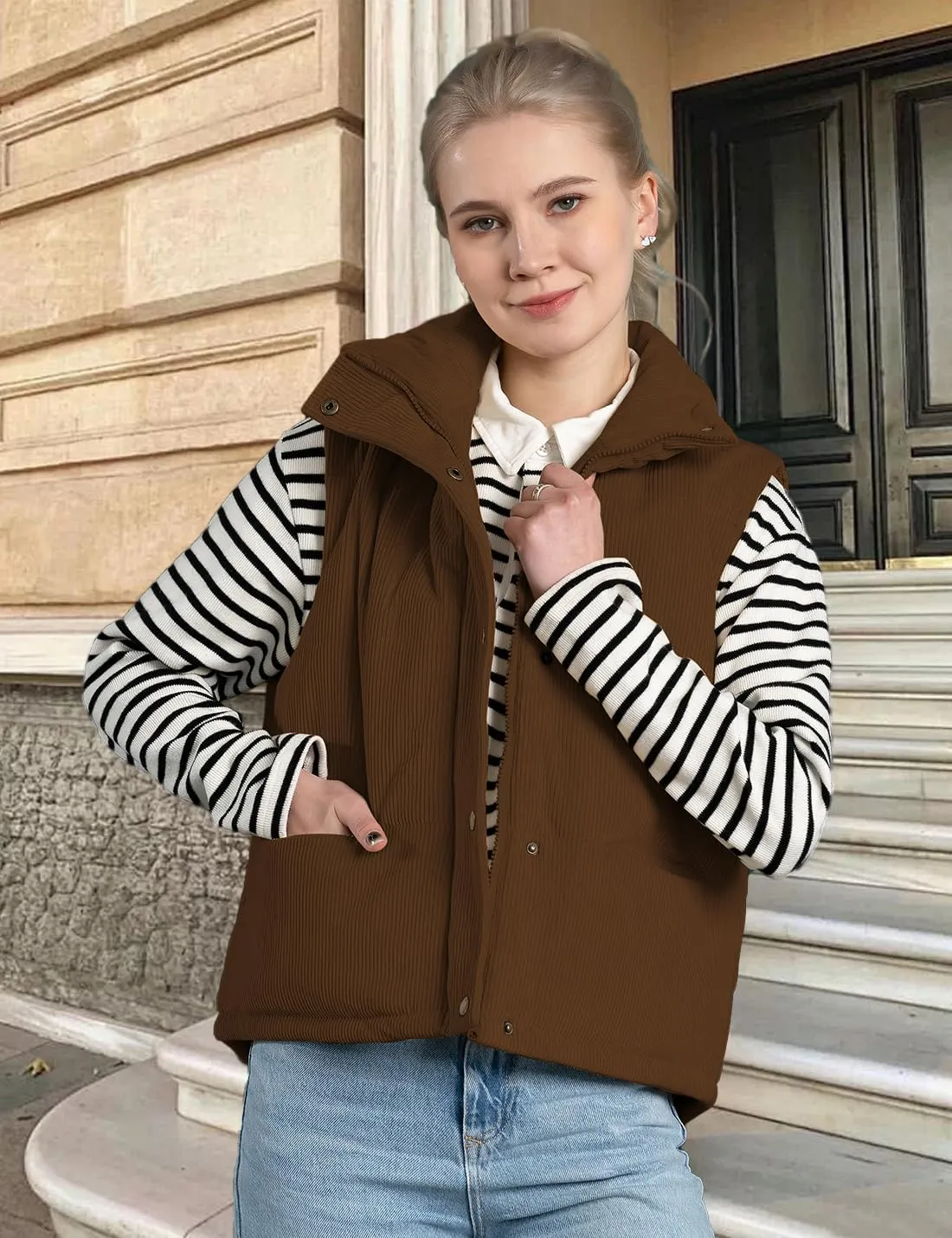 Womens Corduroy Puffer Vest Stand Collar Zip Snap Button Sleeveless Warm Waistcoat Padded Gilet