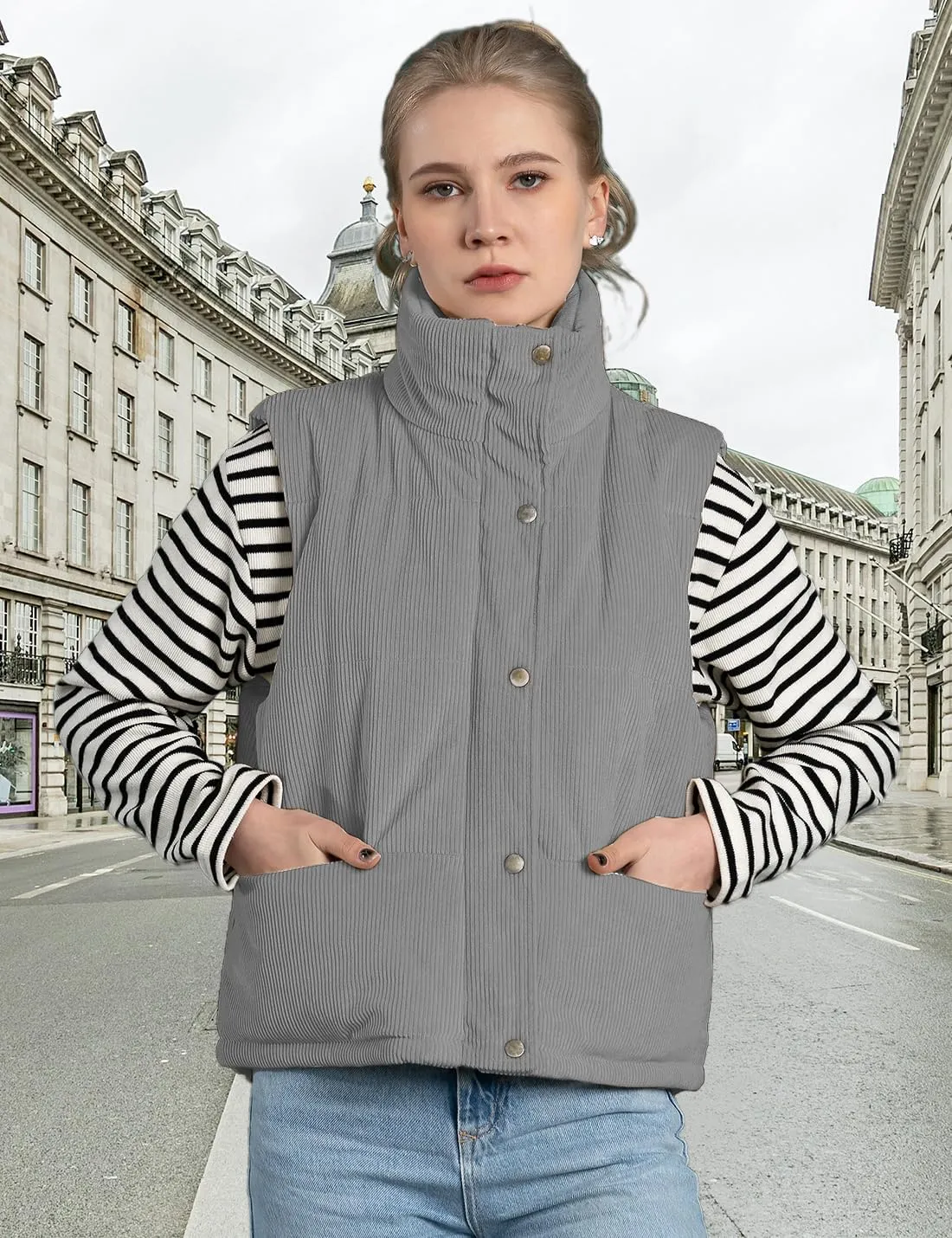 Womens Corduroy Puffer Vest Stand Collar Zip Snap Button Sleeveless Warm Waistcoat Padded Gilet