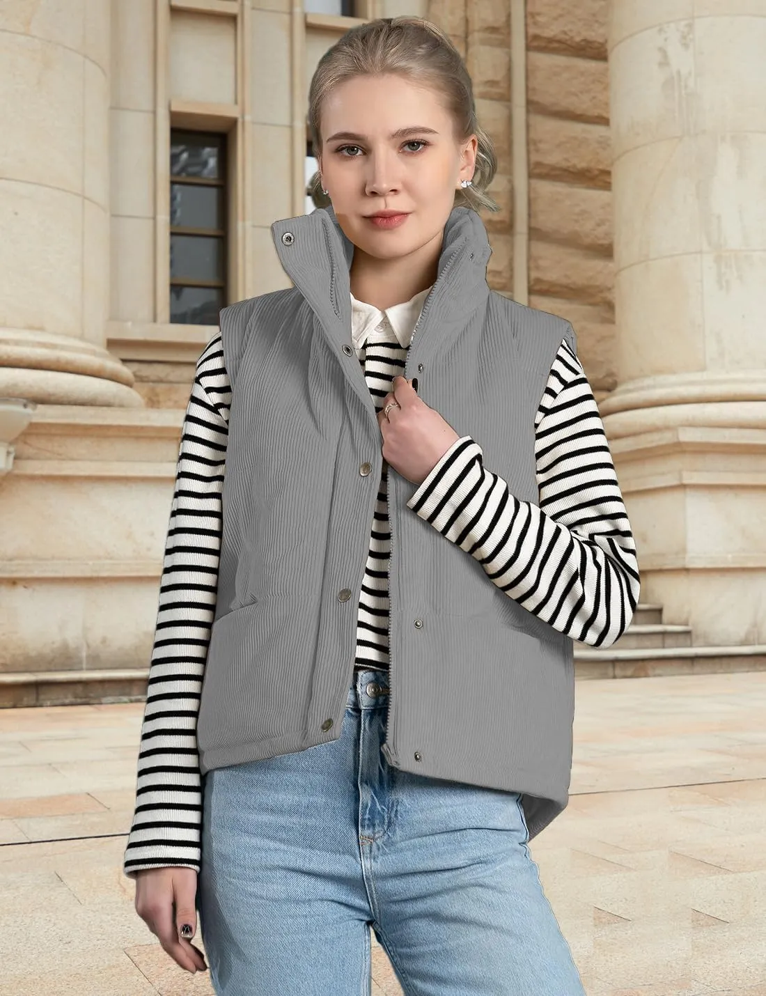 Womens Corduroy Puffer Vest Stand Collar Zip Snap Button Sleeveless Warm Waistcoat Padded Gilet