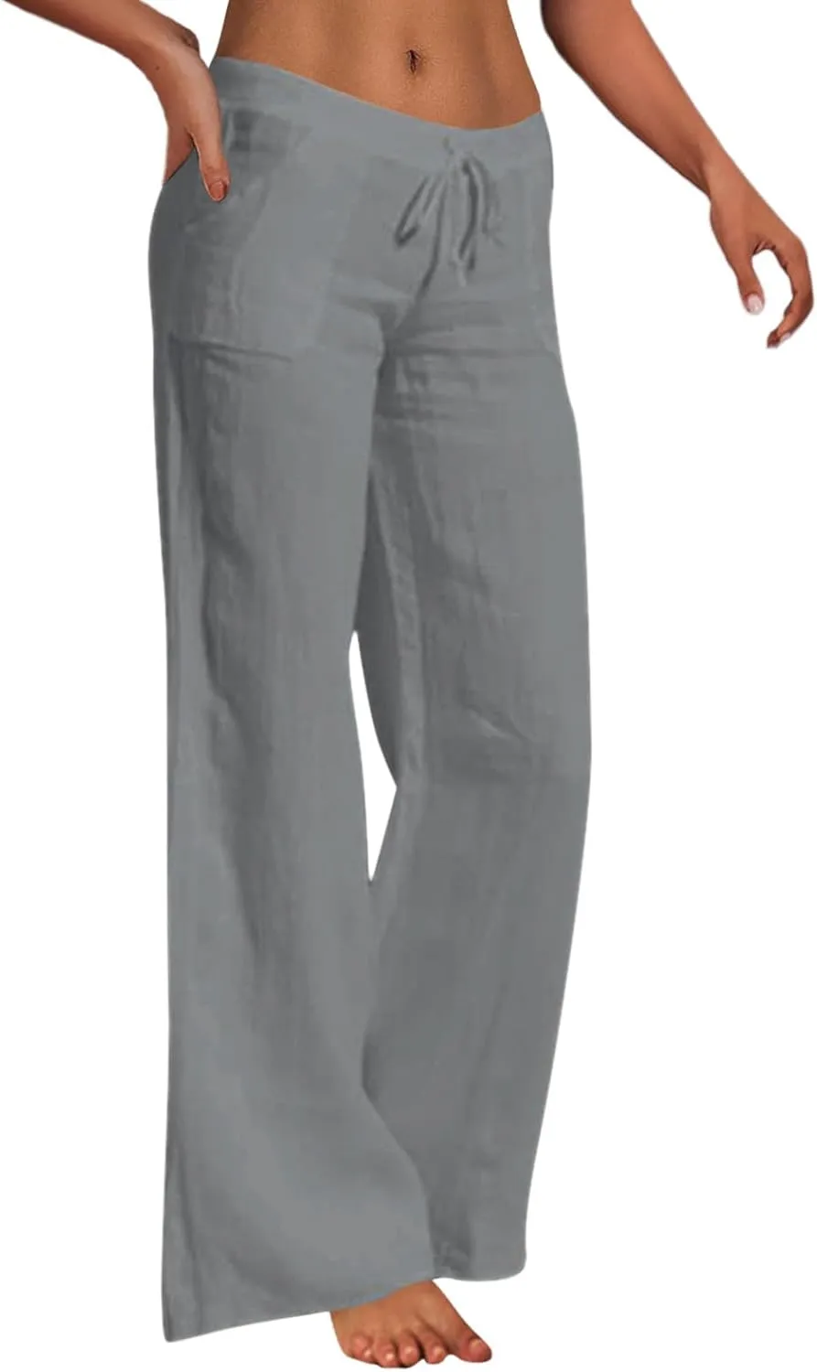 Women's Cotton Linen Pants Plus Size Wide Leg Flowy Summer Beach Pants High Waist Drawstring Pants Lounge Trouser