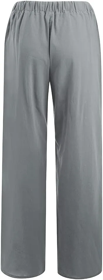Women's Cotton Linen Pants Plus Size Wide Leg Flowy Summer Beach Pants High Waist Drawstring Pants Lounge Trouser