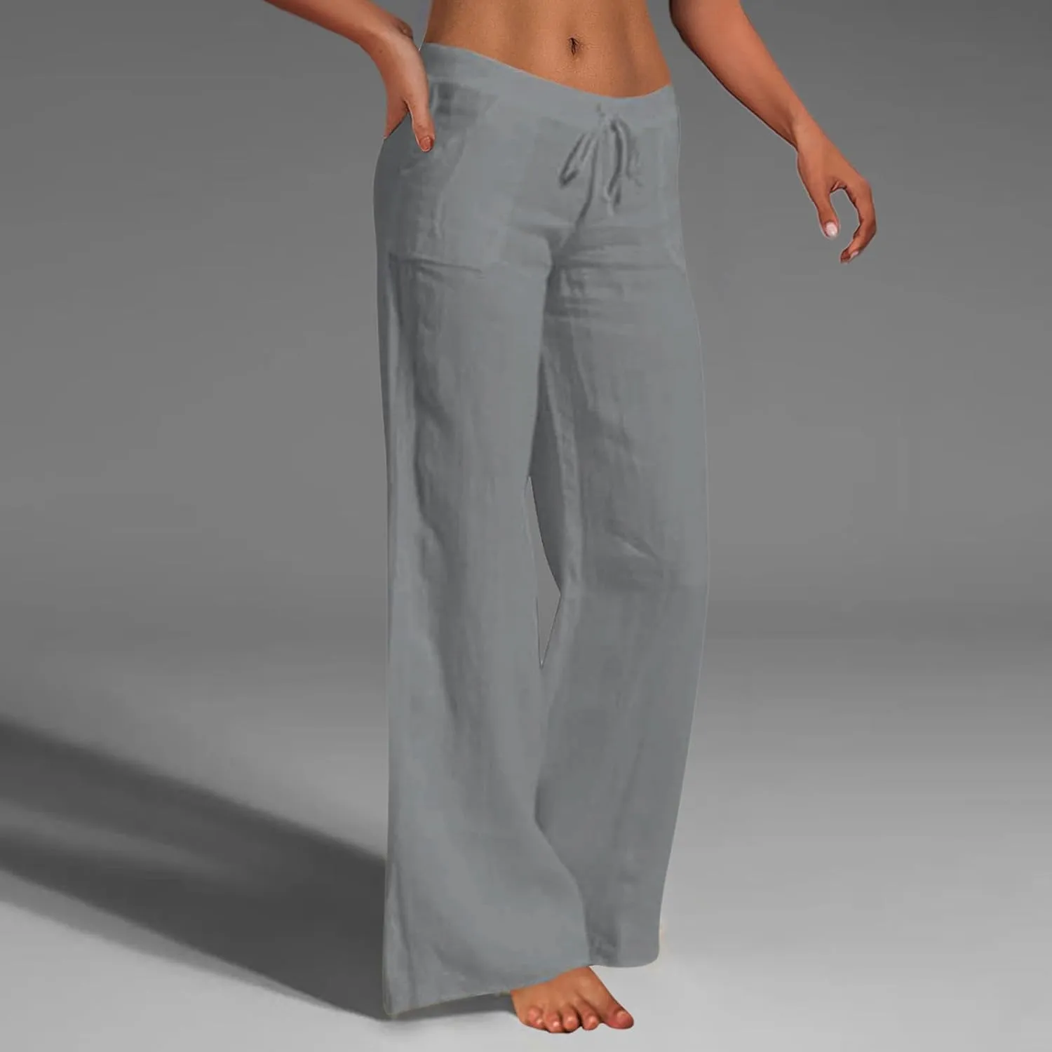 Women's Cotton Linen Pants Plus Size Wide Leg Flowy Summer Beach Pants High Waist Drawstring Pants Lounge Trouser