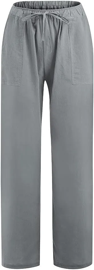 Women's Cotton Linen Pants Plus Size Wide Leg Flowy Summer Beach Pants High Waist Drawstring Pants Lounge Trouser