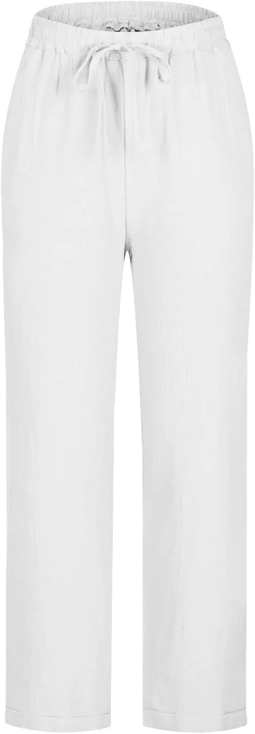 Women's Cotton Linen Trousers Solid Color Lace-Up Straight Leg Casual Wide Leg Lounge Pants with Pockets 2025