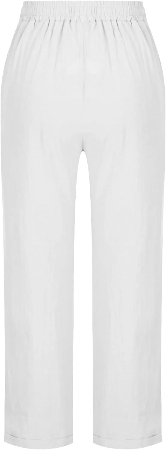 Women's Cotton Linen Trousers Solid Color Lace-Up Straight Leg Casual Wide Leg Lounge Pants with Pockets 2025