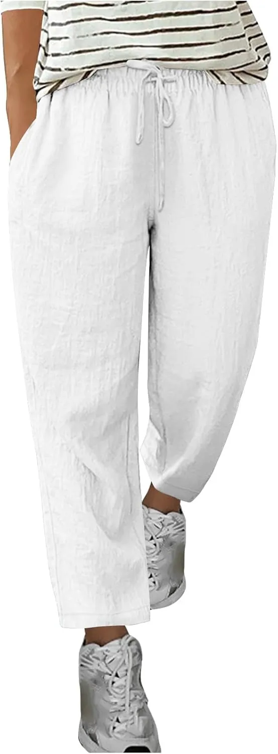 Women's Cotton Linen Trousers Solid Color Lace-Up Straight Leg Casual Wide Leg Lounge Pants with Pockets 2025