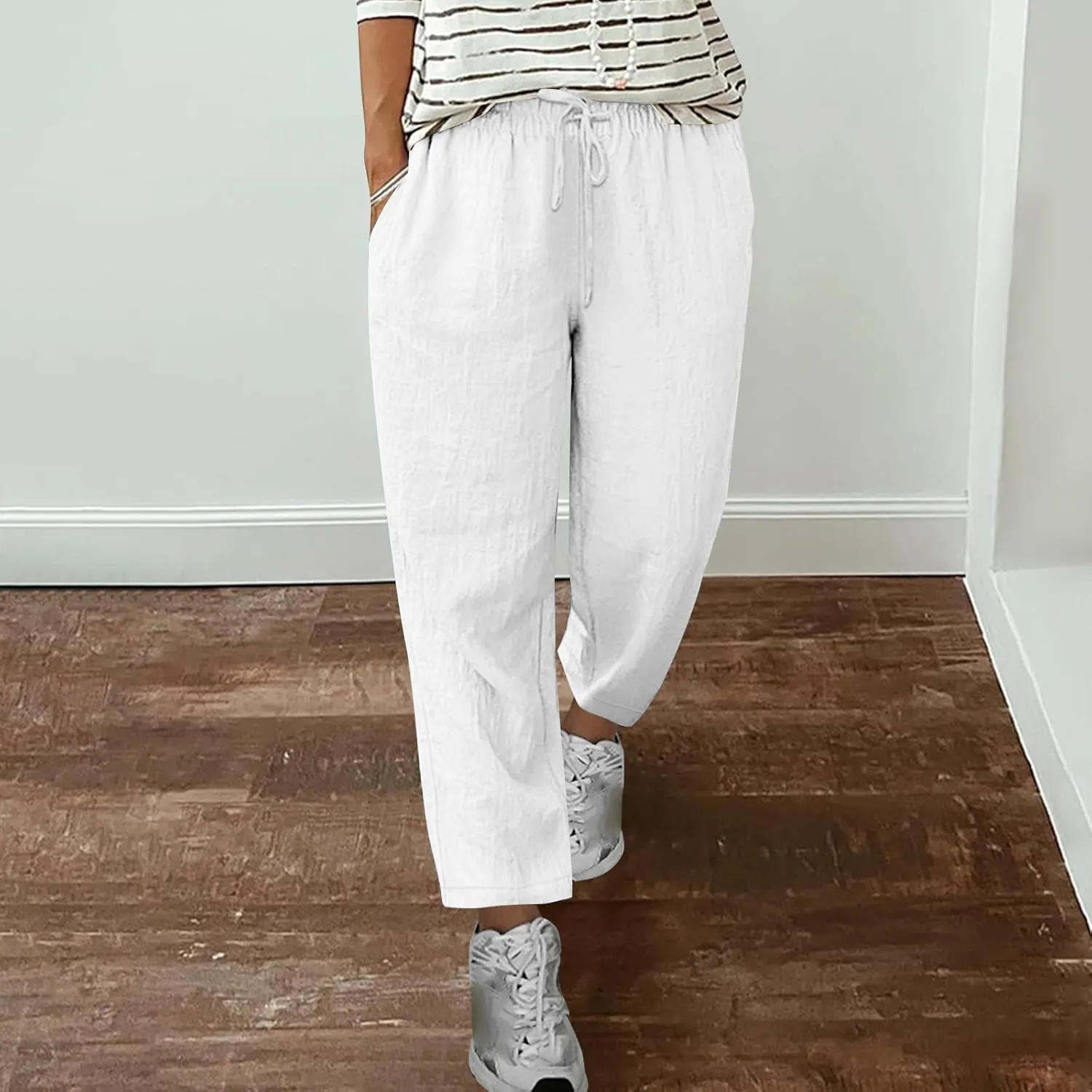 Women's Cotton Linen Trousers Solid Color Lace-Up Straight Leg Casual Wide Leg Lounge Pants with Pockets 2025