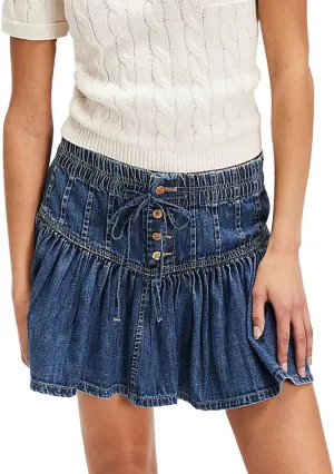 Women's Denim Mini Skirt High Waisted Ruffle Button Down Pleated Jean Short Skirts