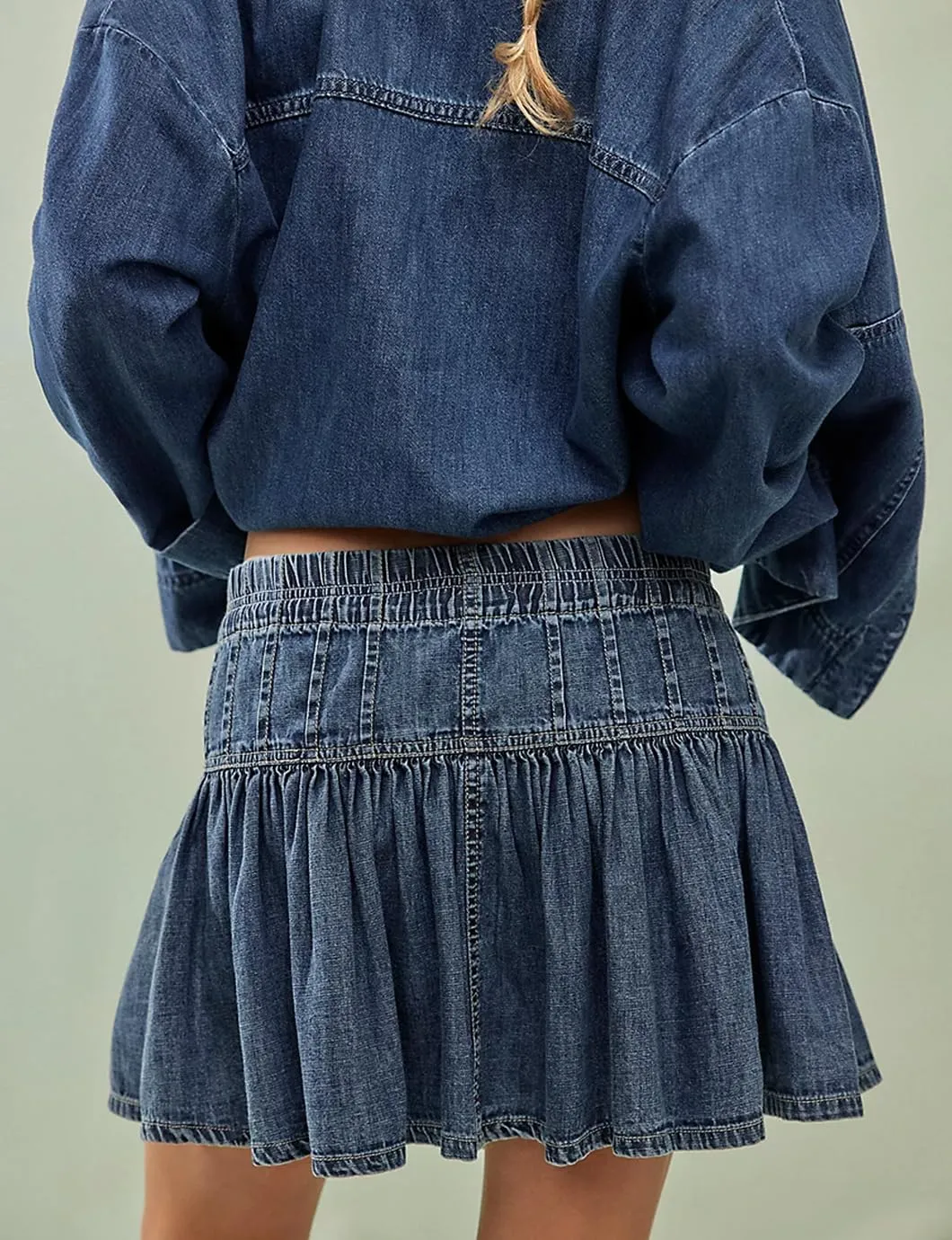 Women's Denim Mini Skirt High Waisted Ruffle Button Down Pleated Jean Short Skirts
