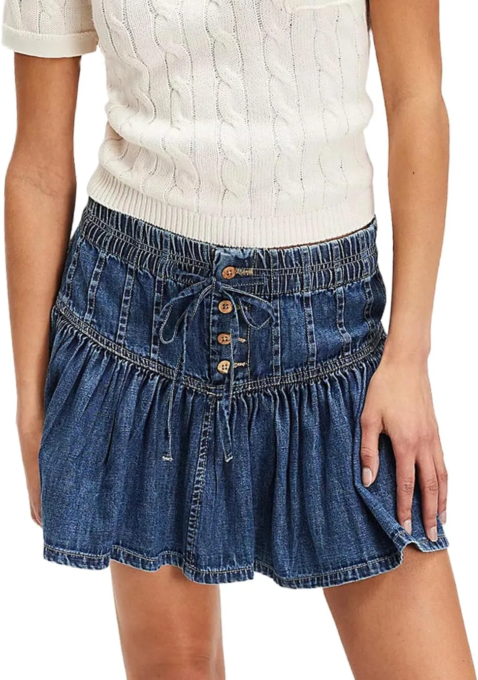 Women's Denim Mini Skirt High Waisted Ruffle Button Down Pleated Jean Short Skirts