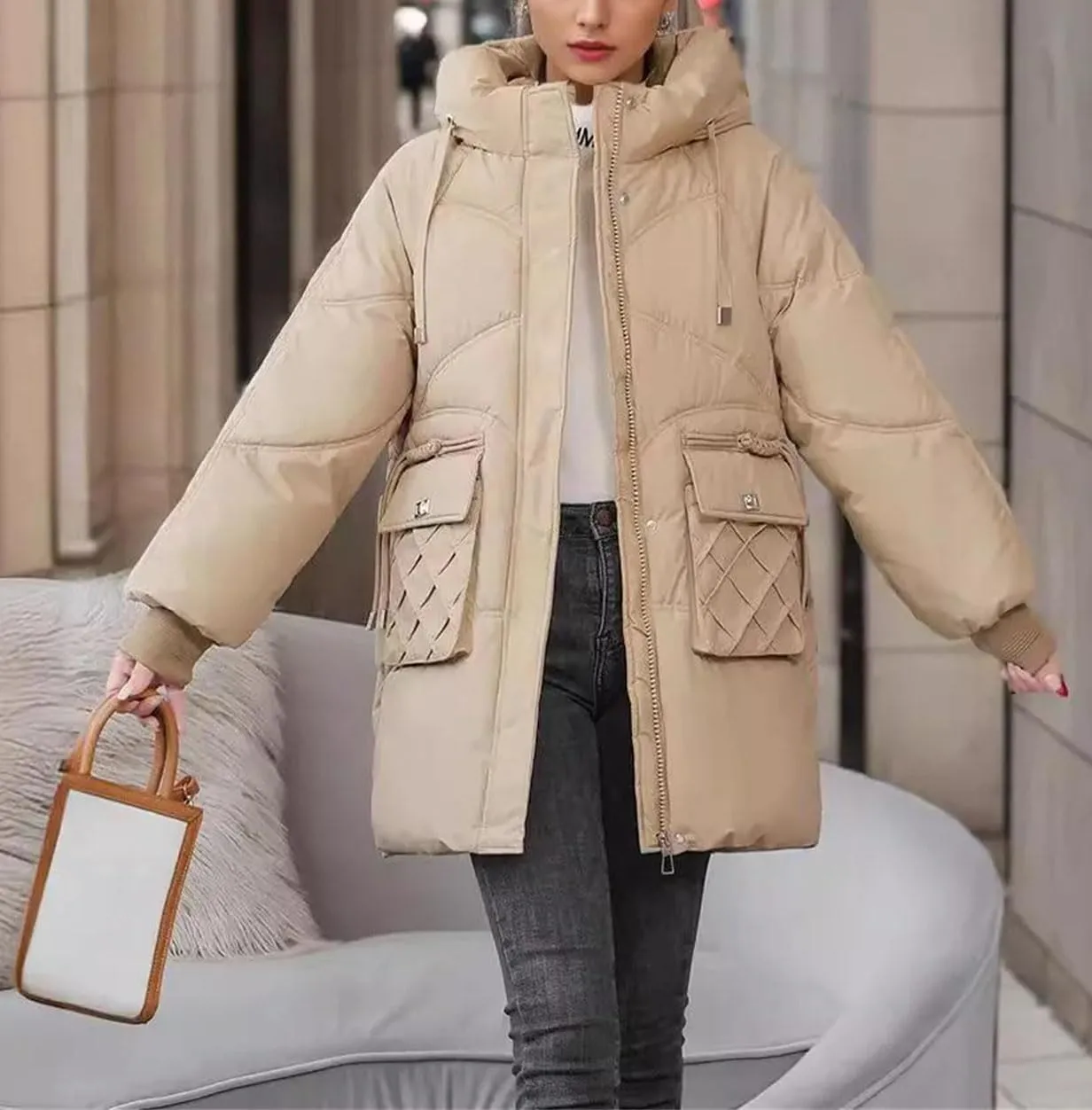 Women's Drawstring Hooded Stand Collar Parka Coat Warm Pocket Casual Zipper Cotton-Padded Jacket