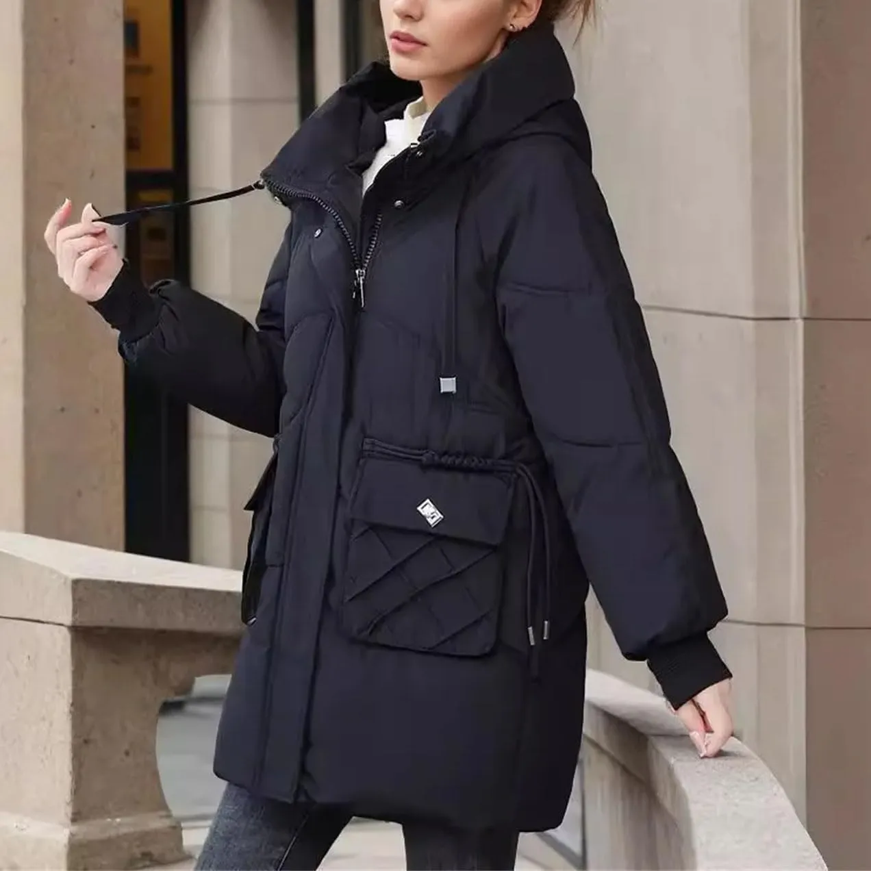 Women's Drawstring Hooded Stand Collar Parka Coat Warm Pocket Casual Zipper Cotton-Padded Jacket