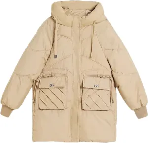 Women's Drawstring Hooded Stand Collar Parka Coat Warm Pocket Casual Zipper Cotton-Padded Jacket