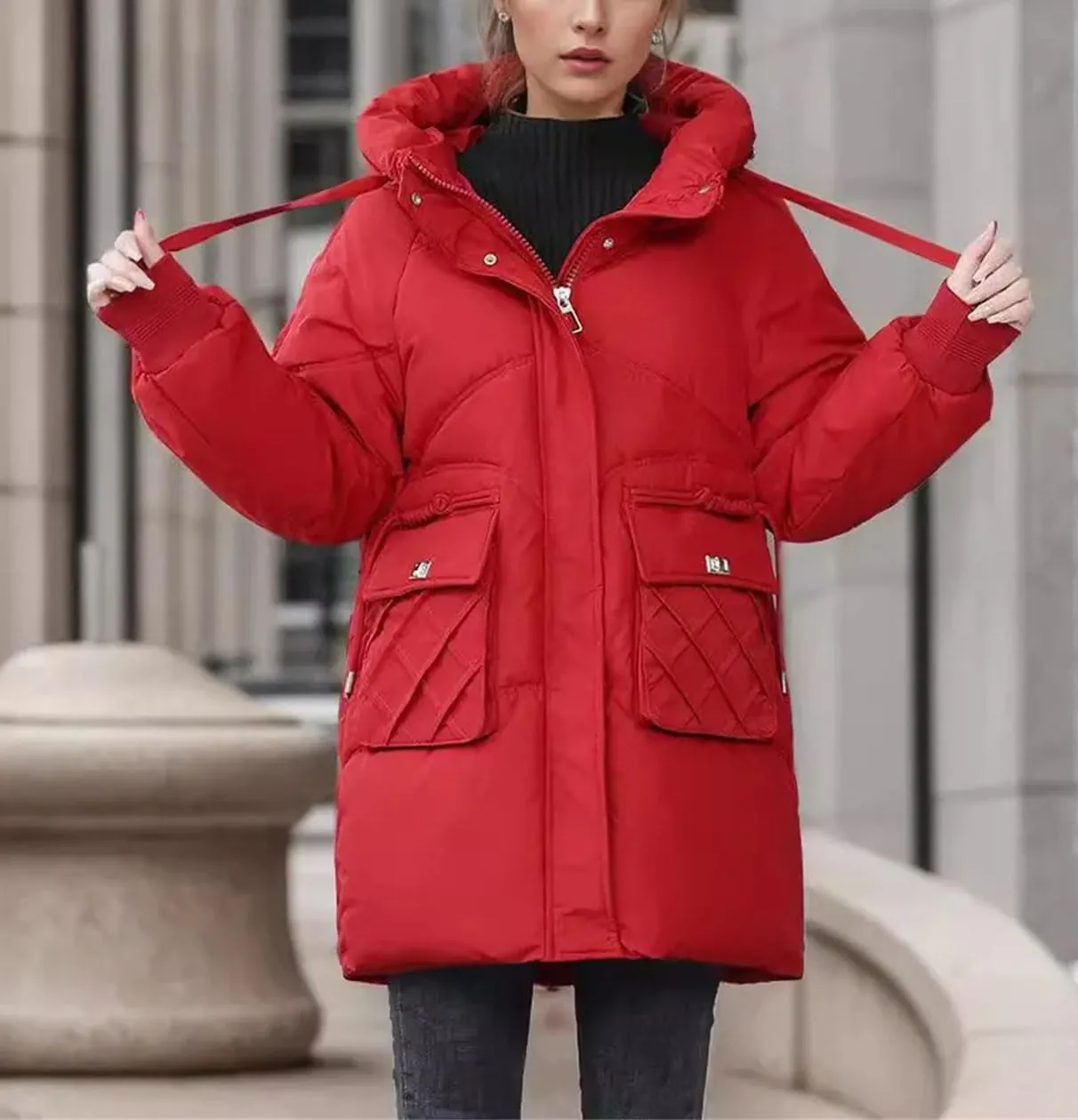 Women's Drawstring Hooded Stand Collar Parka Coat Warm Pocket Casual Zipper Cotton-Padded Jacket