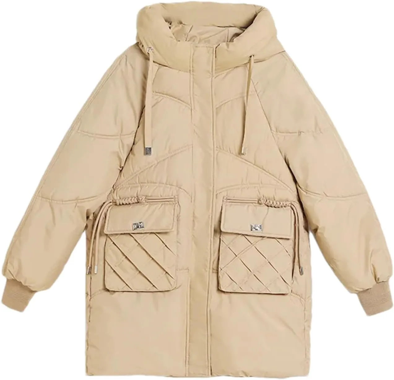 Women's Drawstring Hooded Stand Collar Parka Coat Warm Pocket Casual Zipper Cotton-Padded Jacket