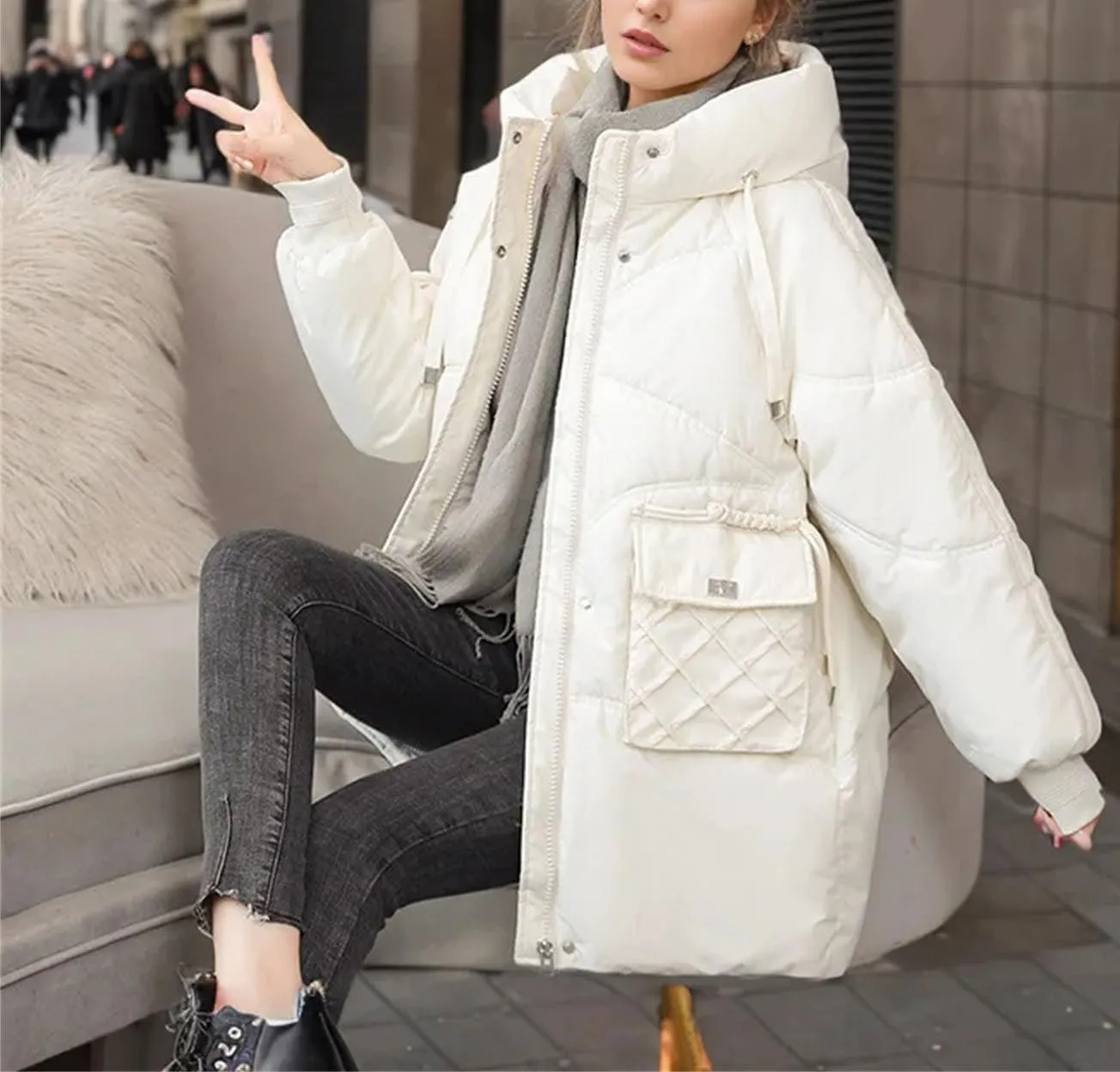Women's Drawstring Hooded Stand Collar Parka Coat Warm Pocket Casual Zipper Cotton-Padded Jacket