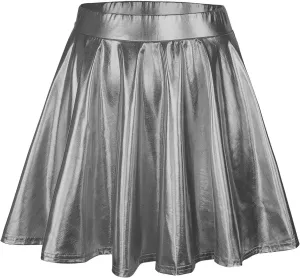 Womens Fashion High Waist Pleated Skirts Shiny Metallic Skater Skirt Sparkly Flared A Line Mini Skort Rave Party Outfit