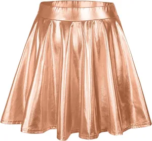 Womens Fashion High Waist Pleated Skirts Shiny Metallic Skater Skirt Sparkly Flared A Line Mini Skort Rave Party Outfit
