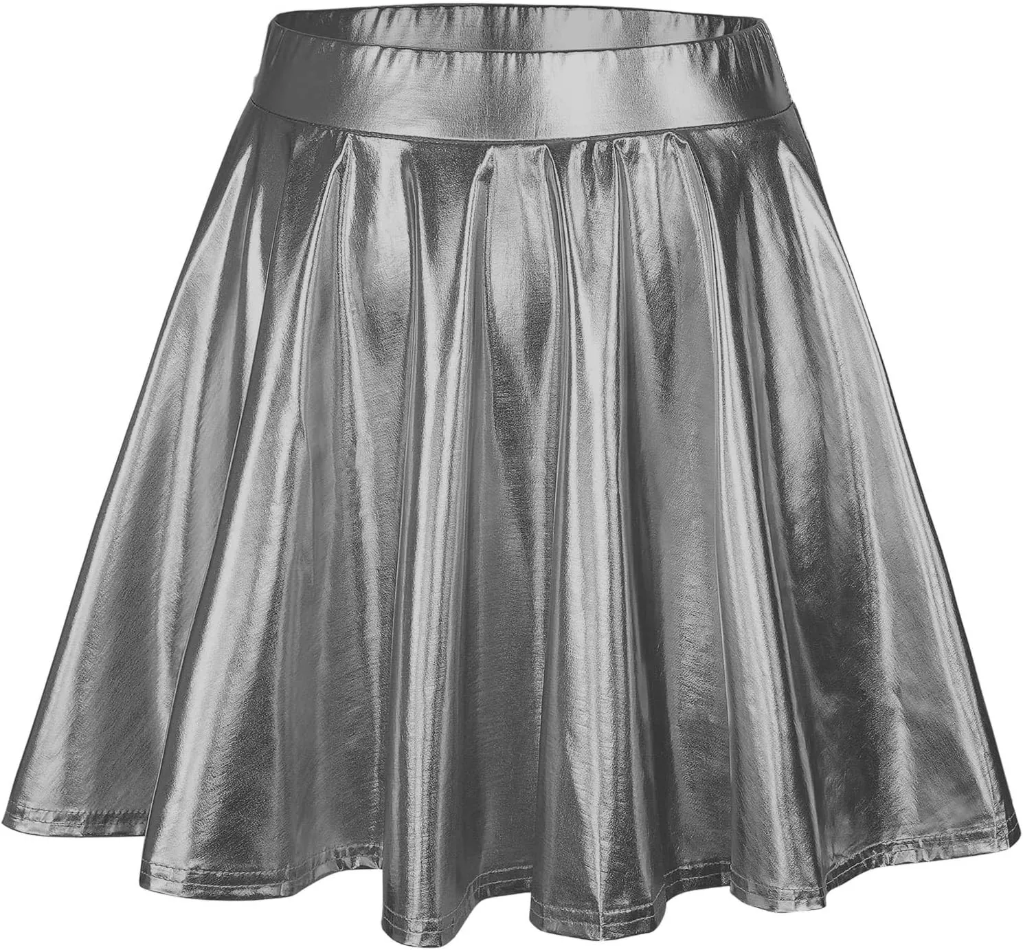 Womens Fashion High Waist Pleated Skirts Shiny Metallic Skater Skirt Sparkly Flared A Line Mini Skort Rave Party Outfit