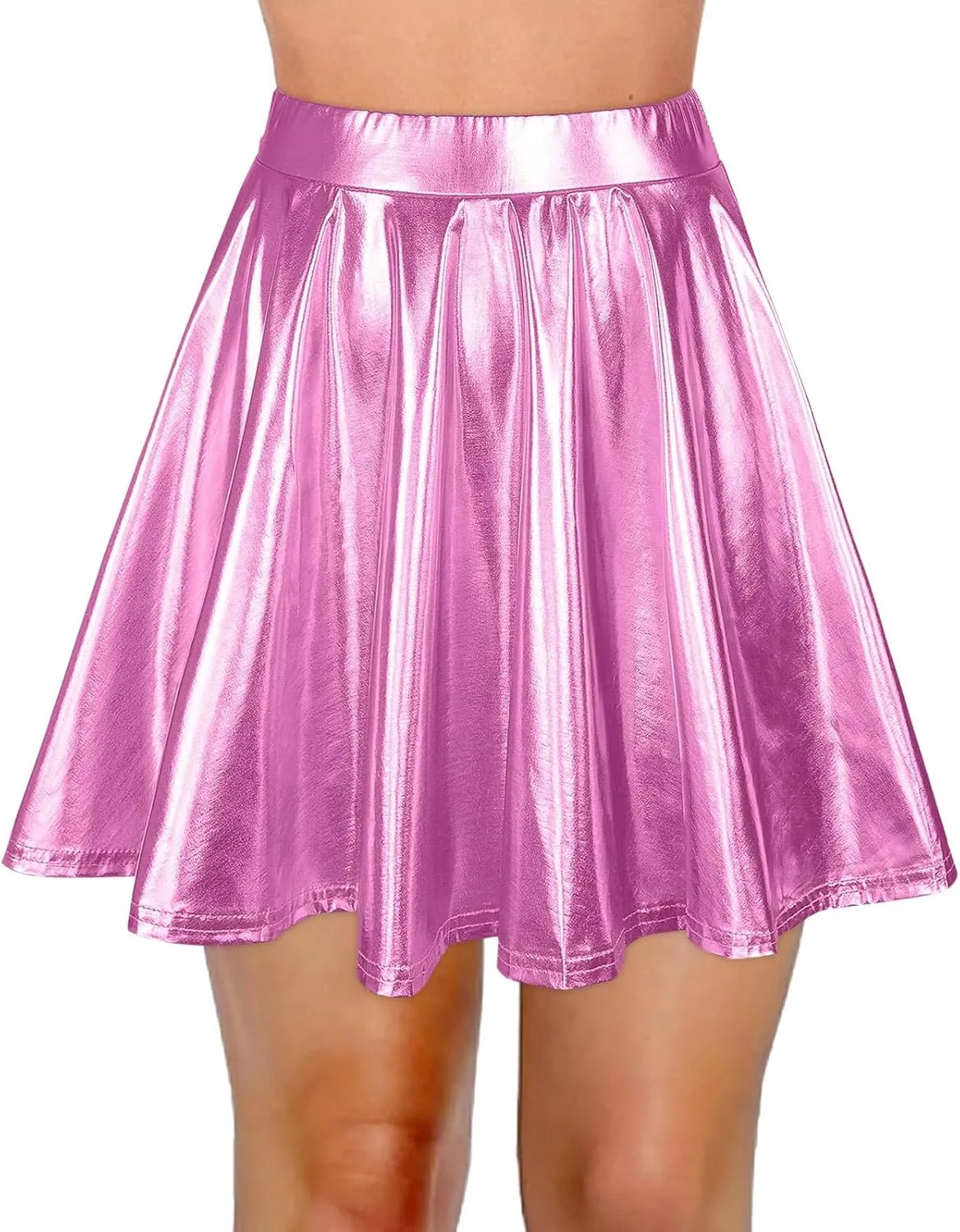 Womens Fashion High Waist Pleated Skirts Shiny Metallic Skater Skirt Sparkly Flared A Line Mini Skort Rave Party Outfit