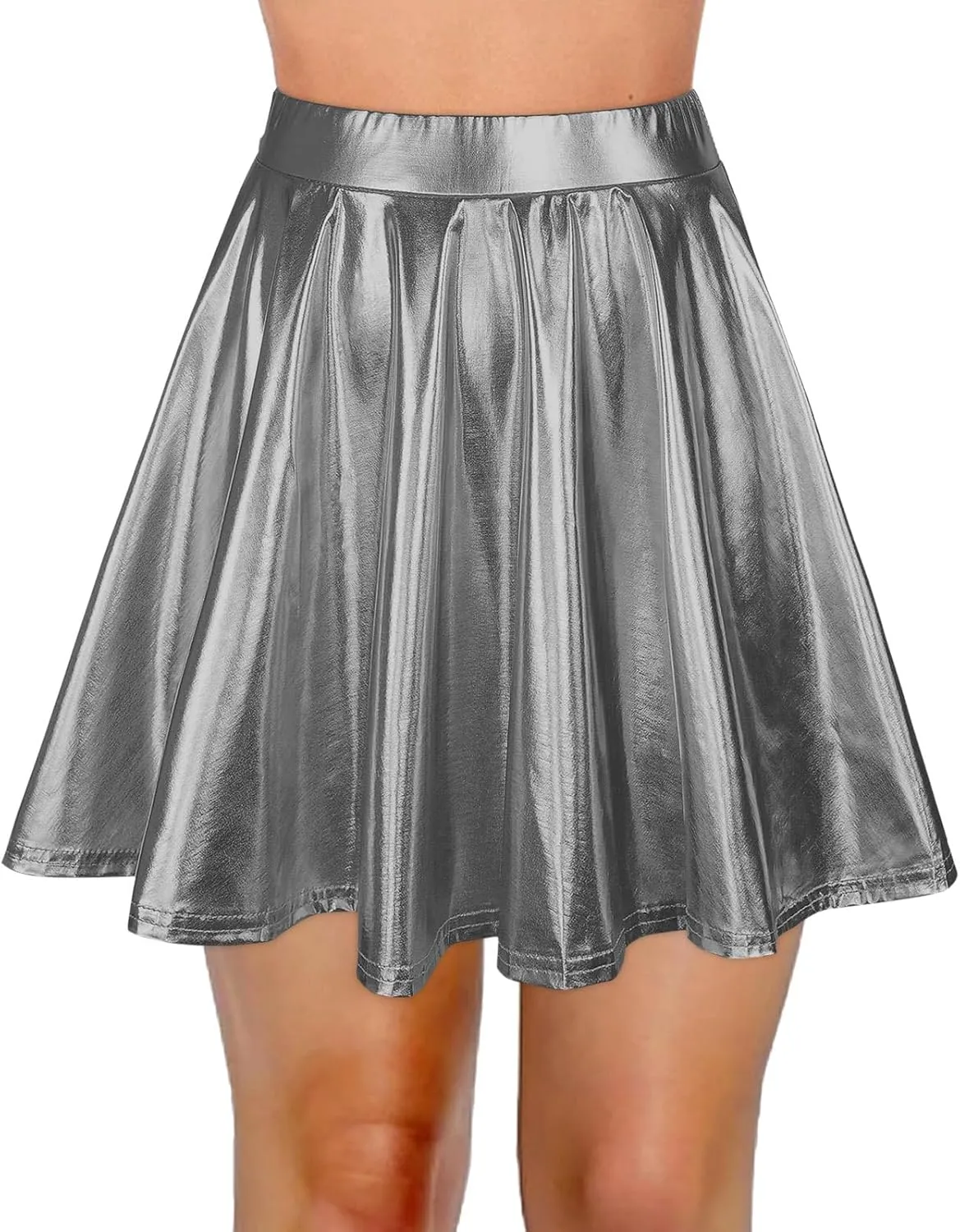 Womens Fashion High Waist Pleated Skirts Shiny Metallic Skater Skirt Sparkly Flared A Line Mini Skort Rave Party Outfit