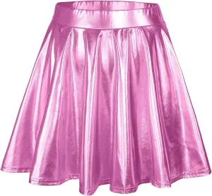 Womens Fashion High Waist Pleated Skirts Shiny Metallic Skater Skirt Sparkly Flared A Line Mini Skort Rave Party Outfit