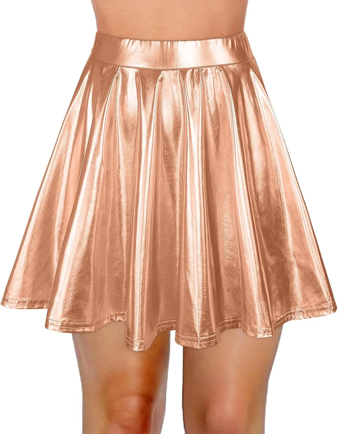 Womens Fashion High Waist Pleated Skirts Shiny Metallic Skater Skirt Sparkly Flared A Line Mini Skort Rave Party Outfit