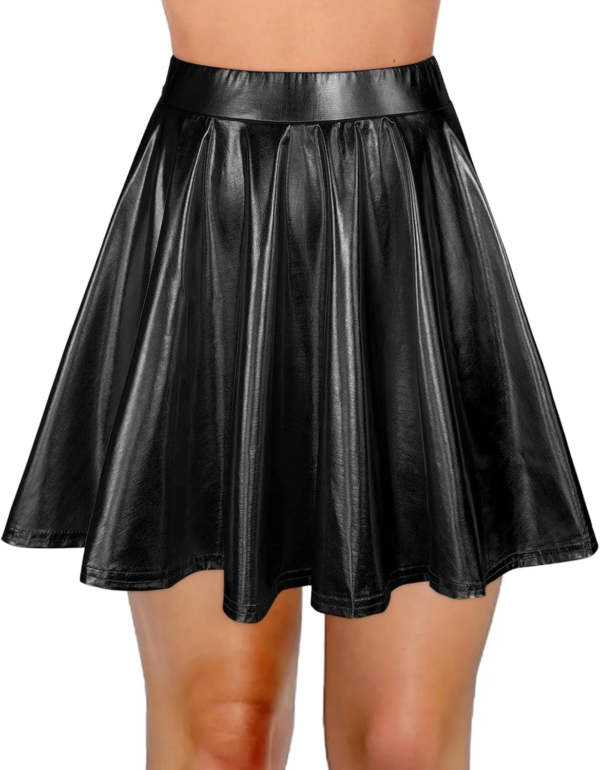 Womens Fashion High Waist Pleated Skirts Shiny Metallic Skater Skirt Sparkly Flared A Line Mini Skort Rave Party Outfit