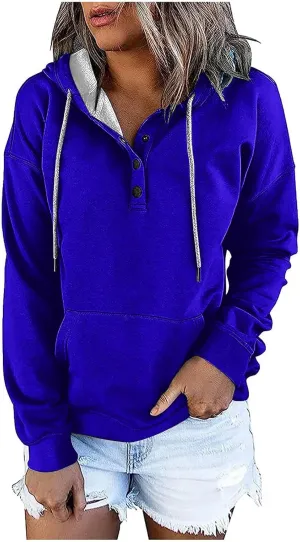 Womens Fashion Hoodies Long Sleeve Button Sweatshirts V Neck Drawstring Shirts Comfy Casual Plain Tops with Pockets