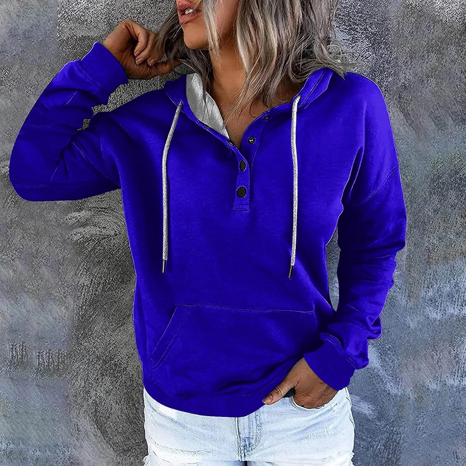 Womens Fashion Hoodies Long Sleeve Button Sweatshirts V Neck Drawstring Shirts Comfy Casual Plain Tops with Pockets