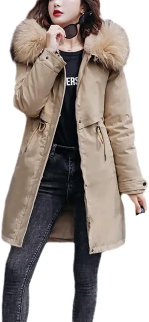 Women's Fashion Winter Jacket Fur Lining Cotton Padded Parka Coat Winter Hooded Jacket Warm Jacket