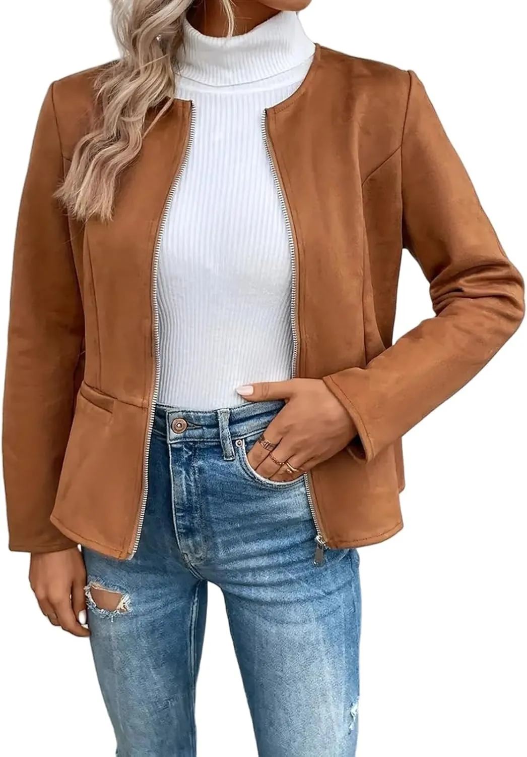Womens Faux Fur Leather Jackets Casual Cropped Zip Up Motorcyle Jacket Lightweight Stand Collar Coats