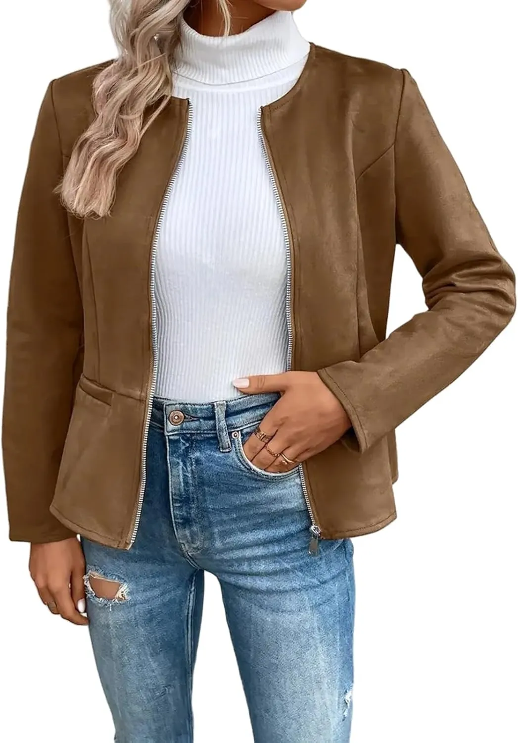 Womens Faux Fur Leather Jackets Casual Cropped Zip Up Motorcyle Jacket Lightweight Stand Collar Coats