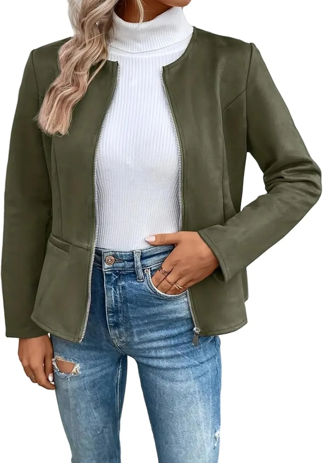 Womens Faux Fur Leather Jackets Casual Cropped Zip Up Motorcyle Jacket Lightweight Stand Collar Coats